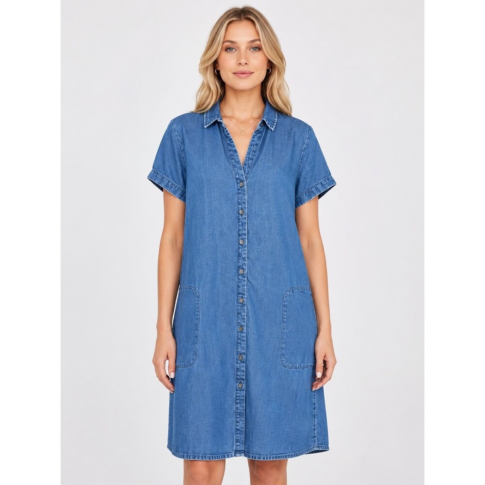 J. Jill Denim Tencel Lyocell Shirt Dress Blue Button Front Pockets Womens XS